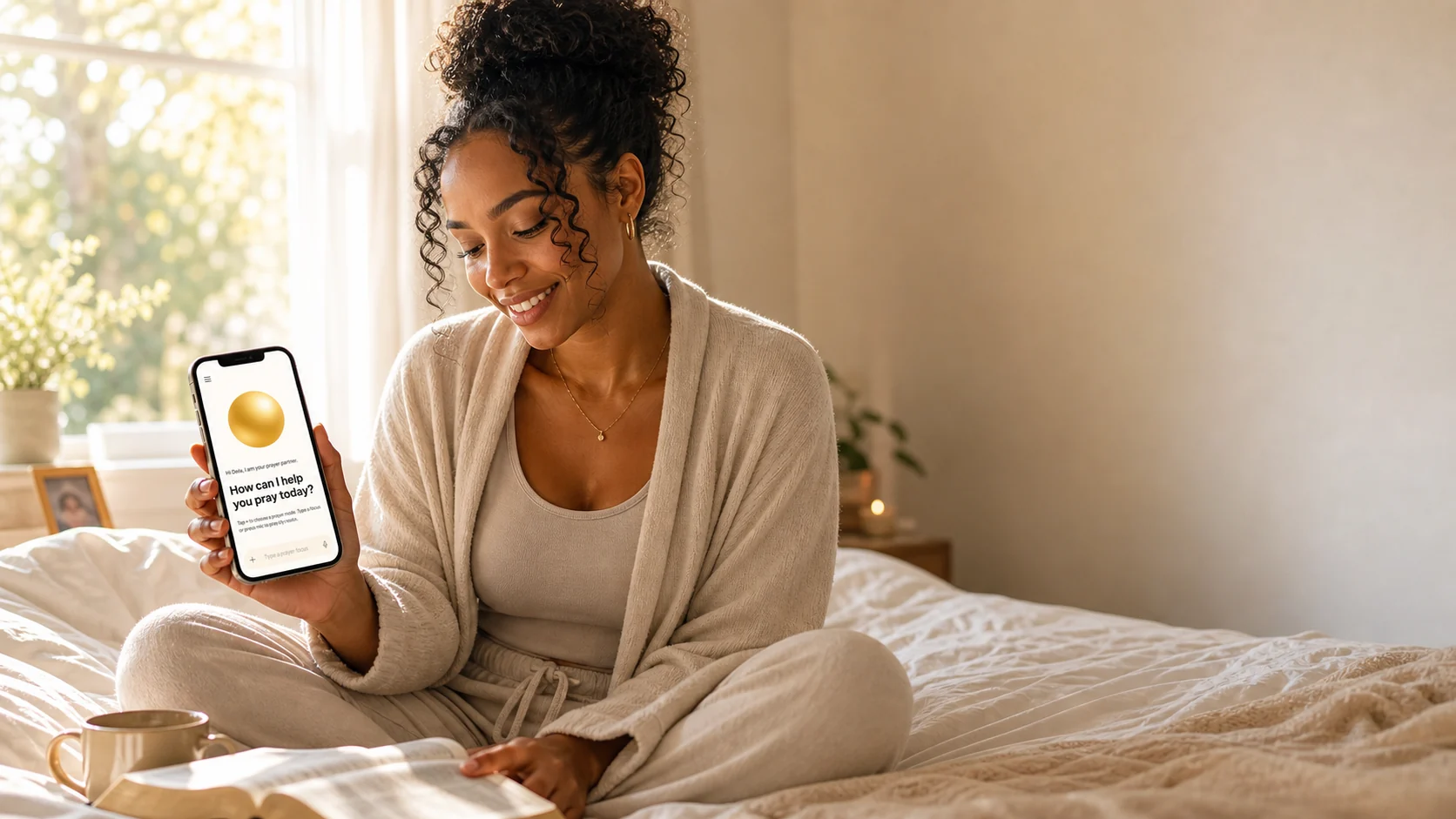 A woman smiling while using the WithU AI prayer partner on her phone